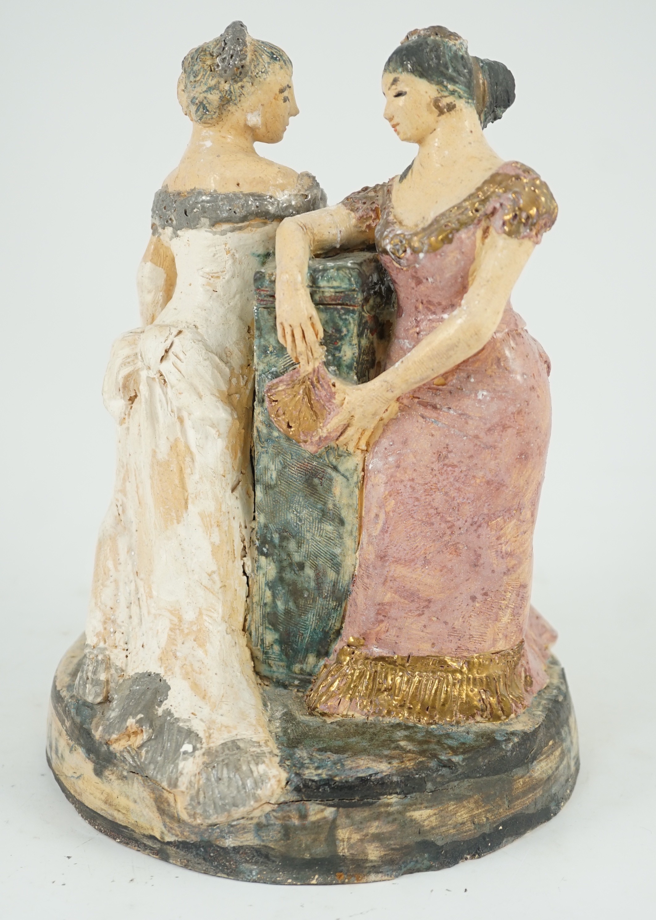 § § Quentin Bell (1910-1996). A studio pottery group of two women in ballgowns, painted in - Image 2 of 8