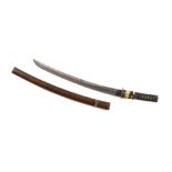 A Japanese wakizashi, the tang signed Yoshitake, the 54.5cm blade inscribed to the tang, ‘Izumo