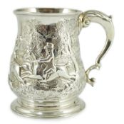 A George II silver baluster mug, later embossed with continuous hunting scene, Richard Gosling,