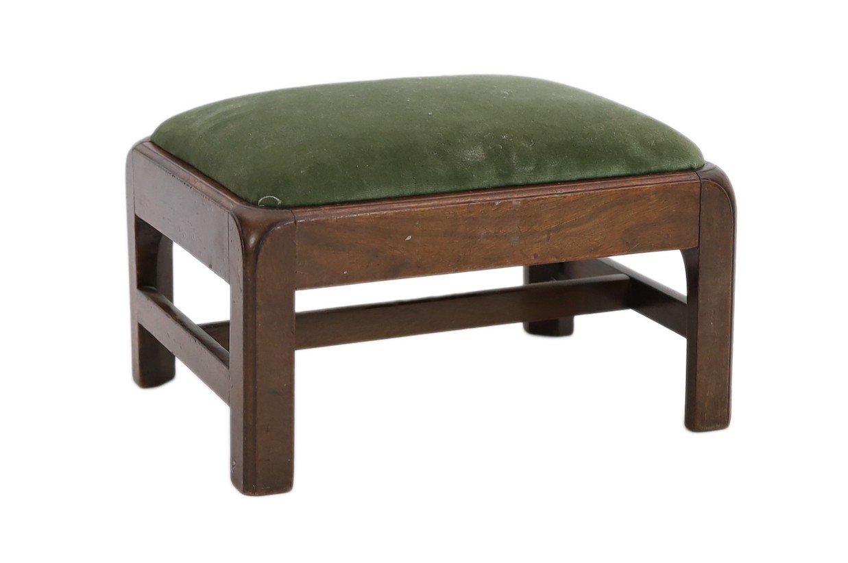 A George III mahogany foot stool, with drop-in seat and chamfered squared legs, width 34.5cm,