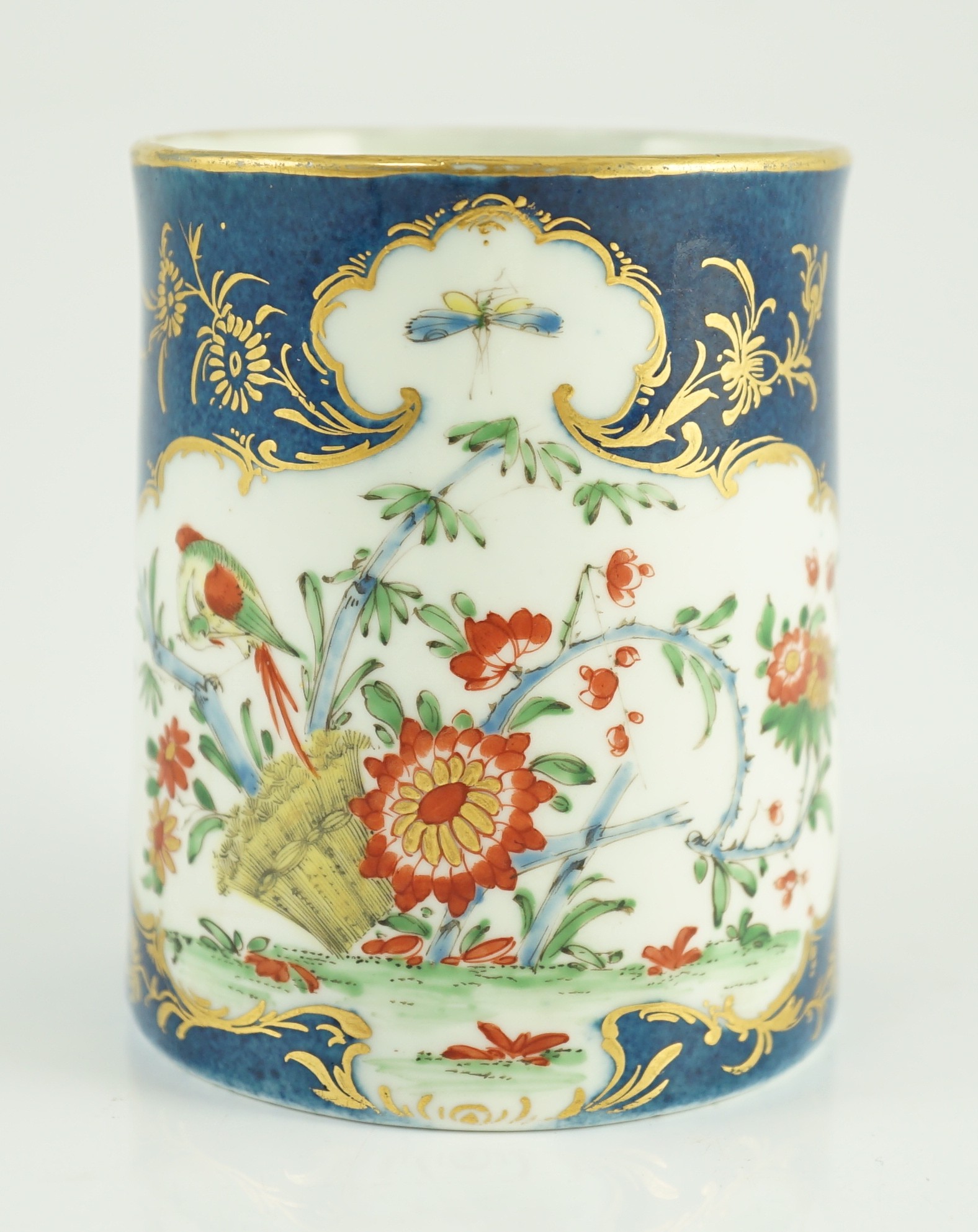 A Worcester kakiemon powder blue small mug, c.1765, painted with a bird, wheatsheaf, flowers and - Image 3 of 8