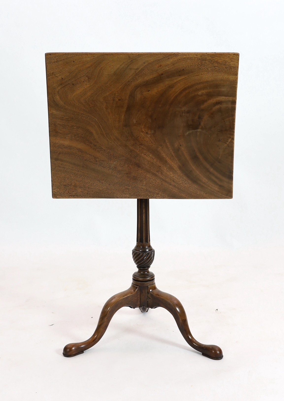 A George III mahogany tripod table, with tilting rectangular top, on spiral fluted baluster stem - Image 5 of 5