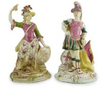 A pair of large Derby porcelain figures of Minerva and Mars, c.1760, decorated in bright puce,