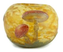 A Daum ‘’Les champignons’’ cameo glass bowl, mottled glass body, acid-etched, in cameo relief with