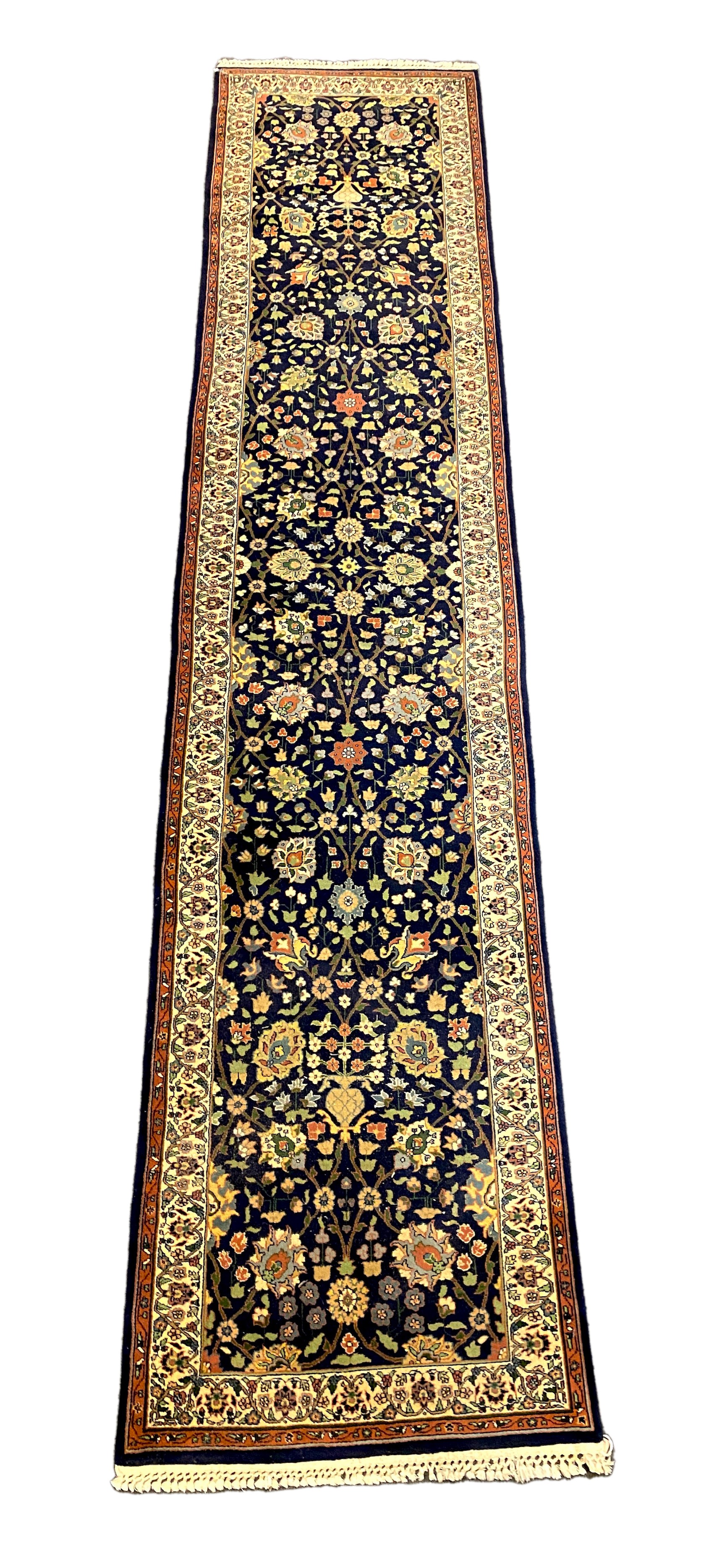 A Bijar blue ground runner, with polychrome floral field, 464cm x 100cm***CONDITION REPORT***