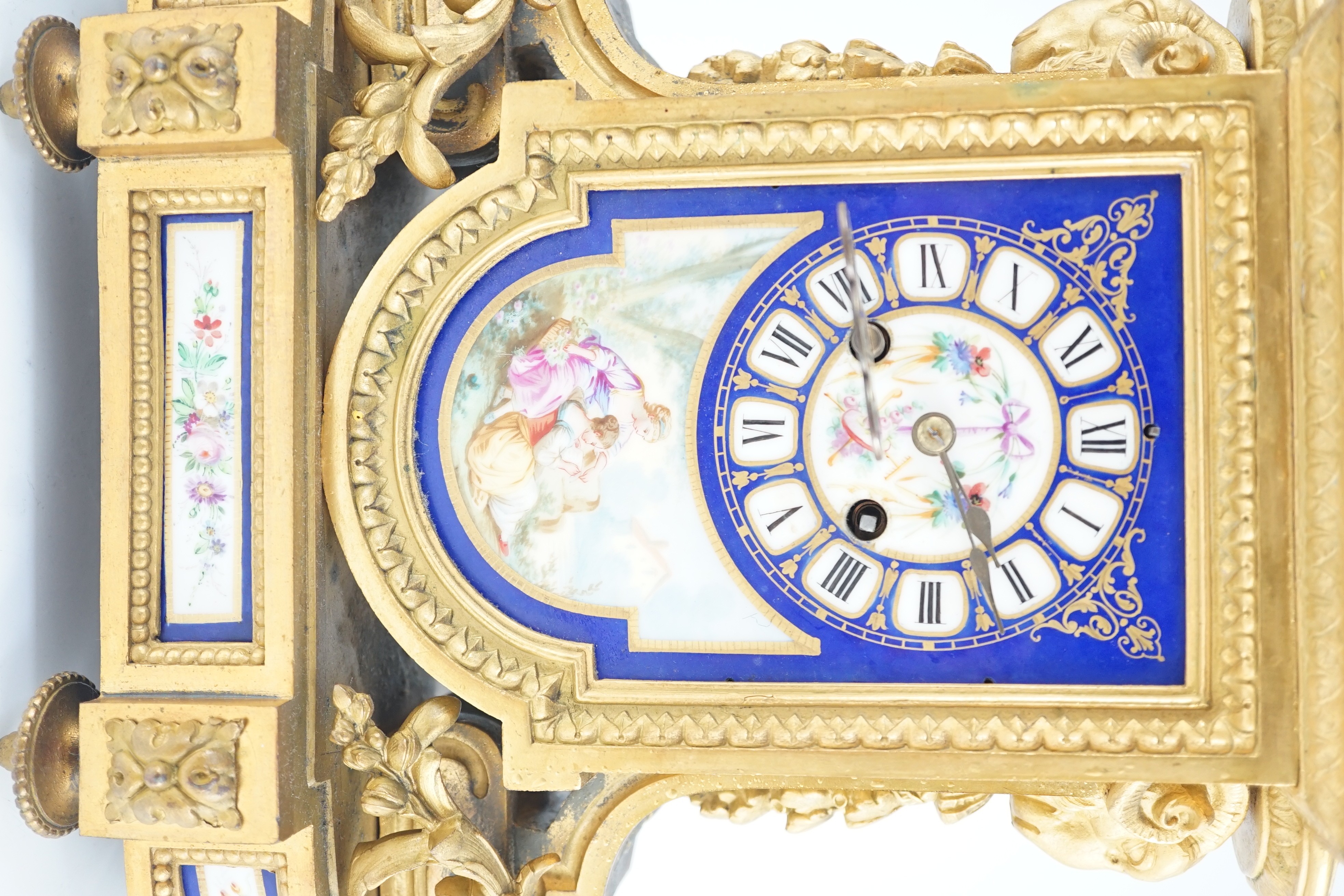 A 19th century French ormolu and Sevres style porcelain mantel clock, with architectural urn - Image 2 of 6