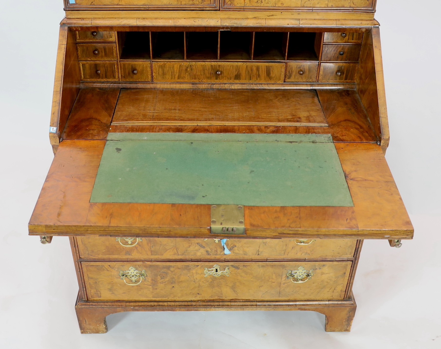 A George I walnut bureau bookcase, with moulded cornice and two bevelled mirrored doors enclosing - Image 3 of 4