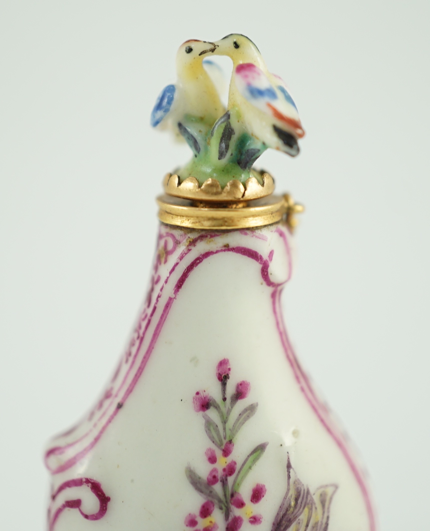 A good Chelsea or St James (Charles Gouyn) gold mounted porcelain scent bottle, c.1755, of rococo - Image 3 of 7
