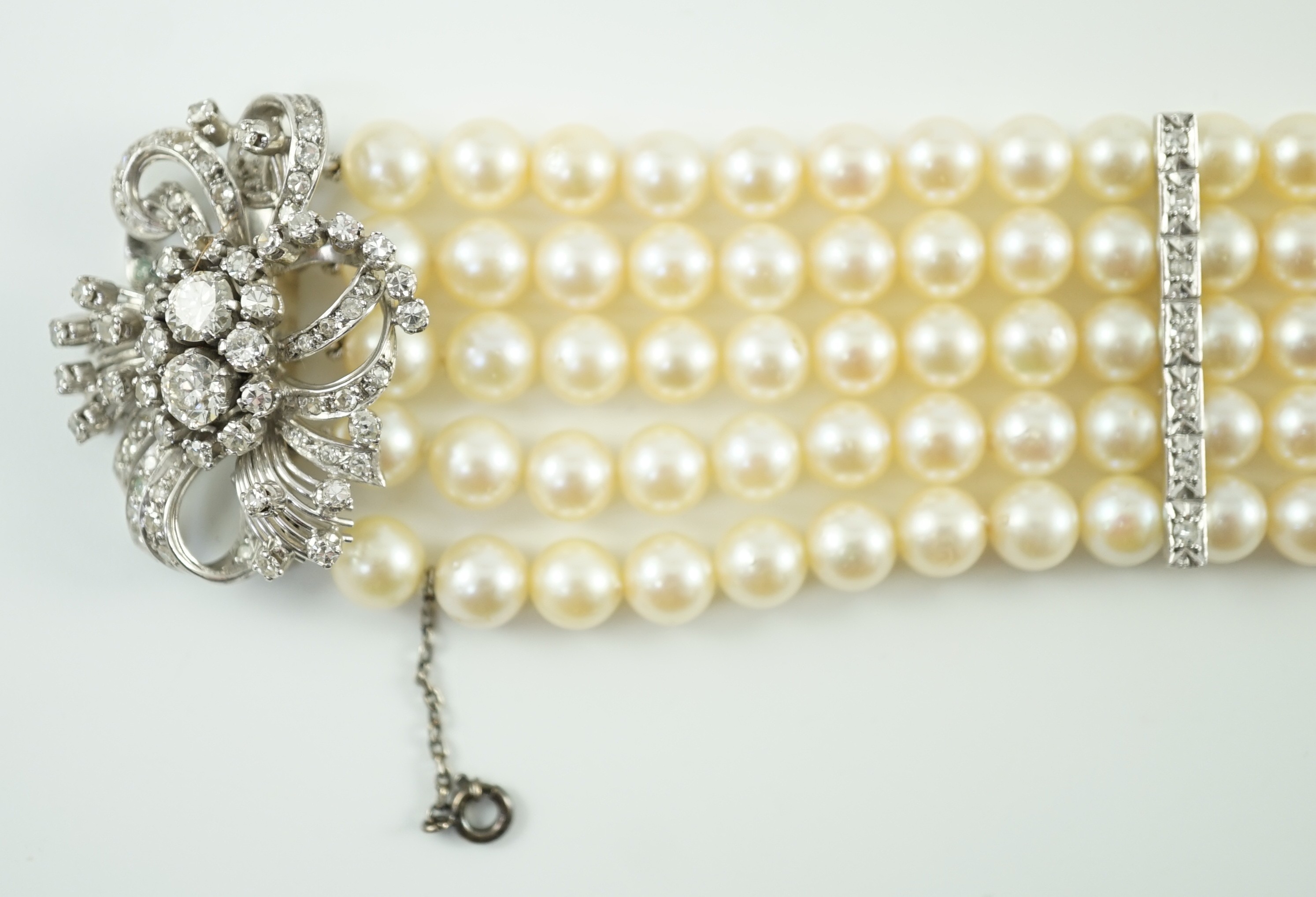 A mid to late 20th century continental quintuple strand cultured pearl bracelet, with white gold and - Image 3 of 7