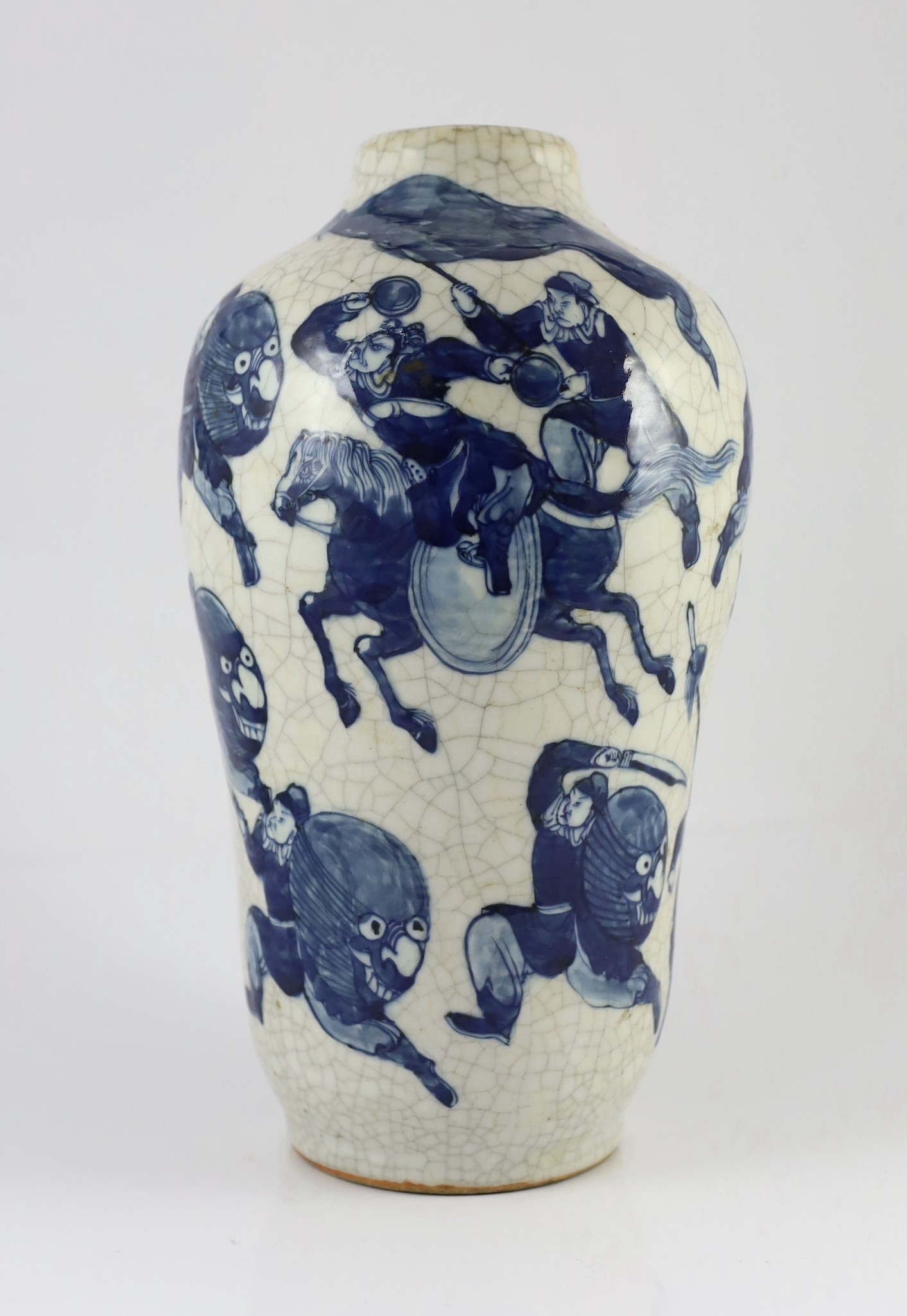 A Chinese blue and white crackle glaze ‘warriors’ vase, late 19th century, moulded and painted - Image 3 of 5