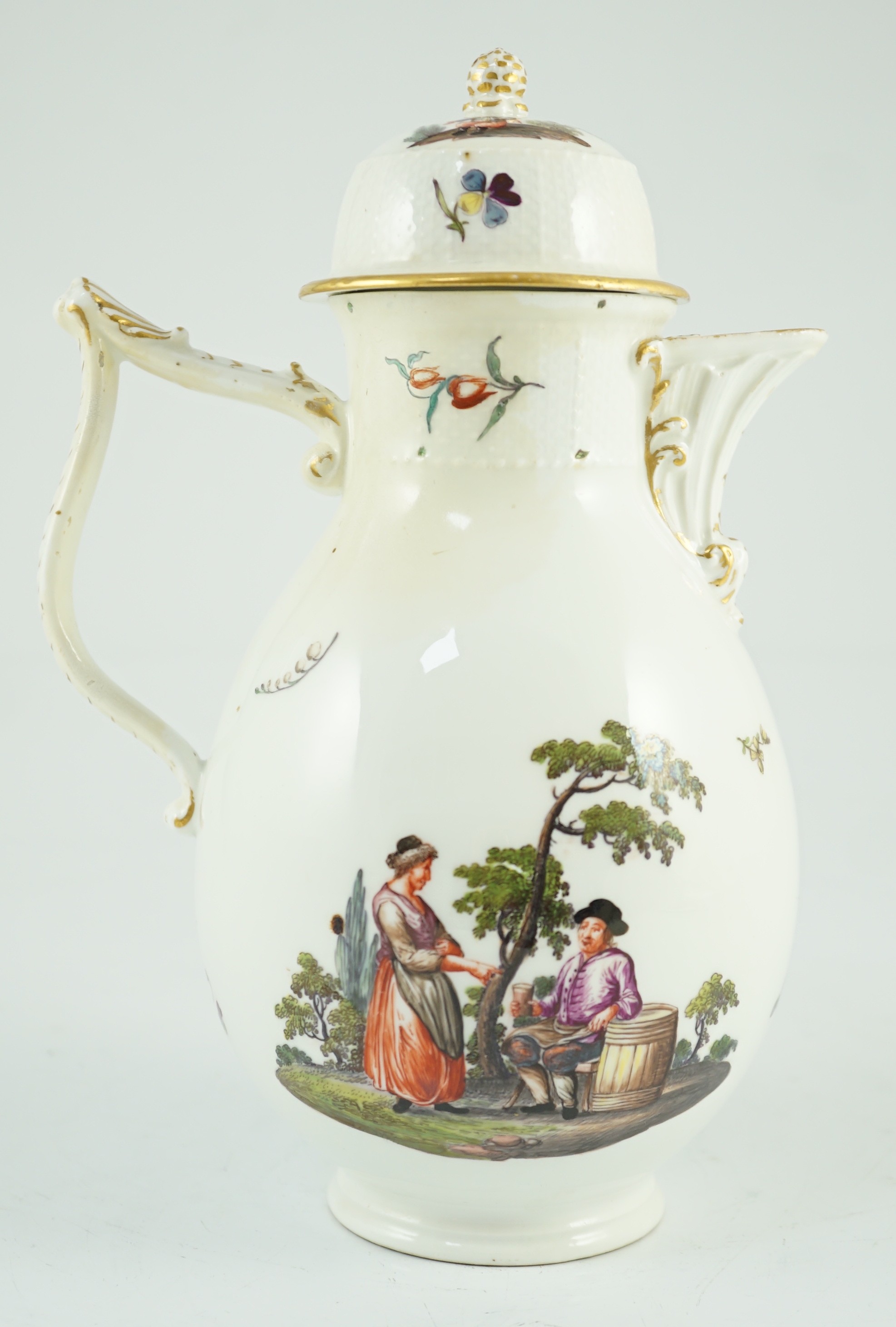 A Meissen coffee pot and cover, c.1760, of baluster shape applied with a wishbone shaped handle, - Image 3 of 8