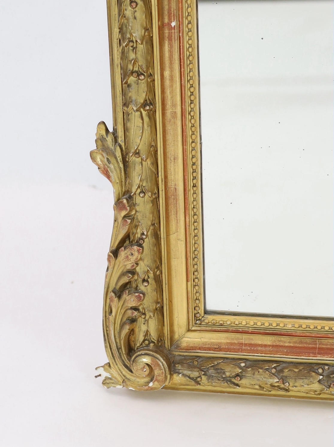 A late 19th century French giltwood and gesso overmantel mirror, with flower, quiver and torch - Image 3 of 5