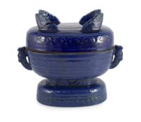 A Chinese Imperial blue glazed ritual offering vessel and cover, gui, moulded Qianlong seal mark and