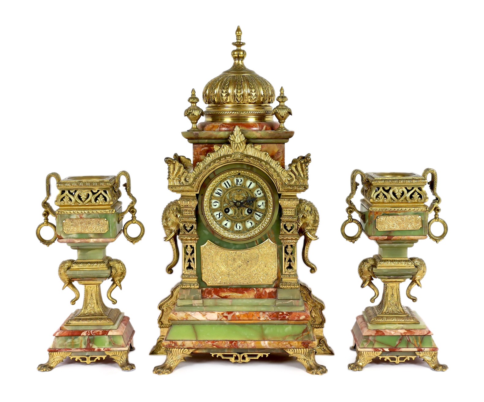 A late 19th century French ormolu mounted marble and green onyx clock garniture, of Indian