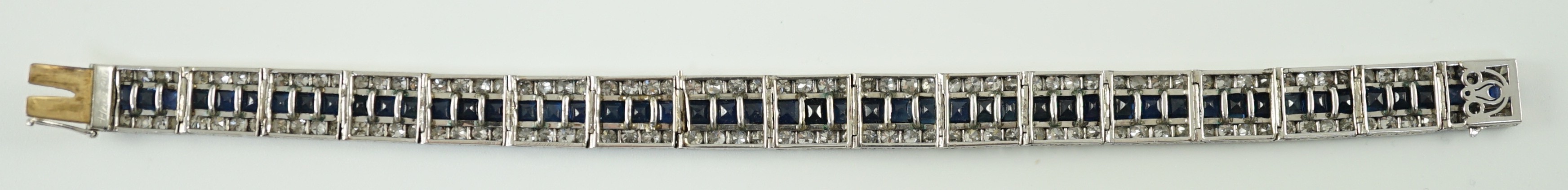 A 1920’s white gold, sapphire and diamond set triple line bracelet, with engraved setting and two - Image 7 of 9