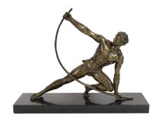 Jean de Roncourt. A French Art Deco bronze 'Le Bendeur', on signed black marble plinth, 72cm wide,