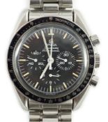 A gentleman's 1980's stainless steel Omega Speedmaster Professional 'The First Watch Worn On
