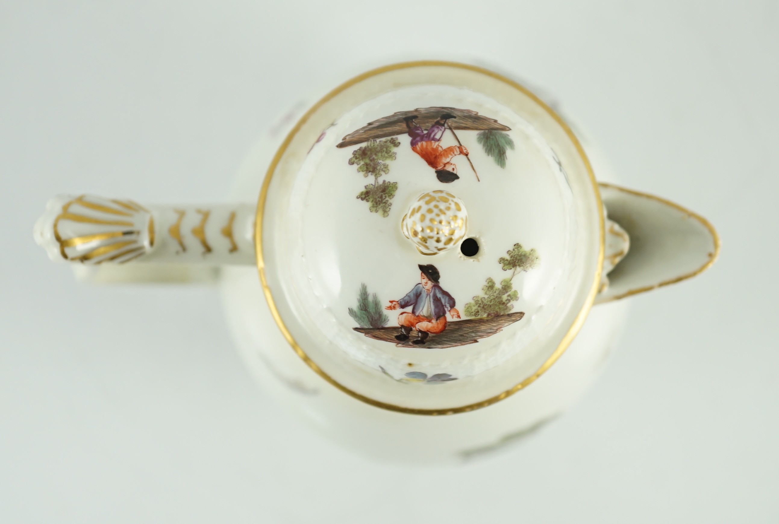 A Meissen coffee pot and cover, c.1760, of baluster shape applied with a wishbone shaped handle, - Image 5 of 8