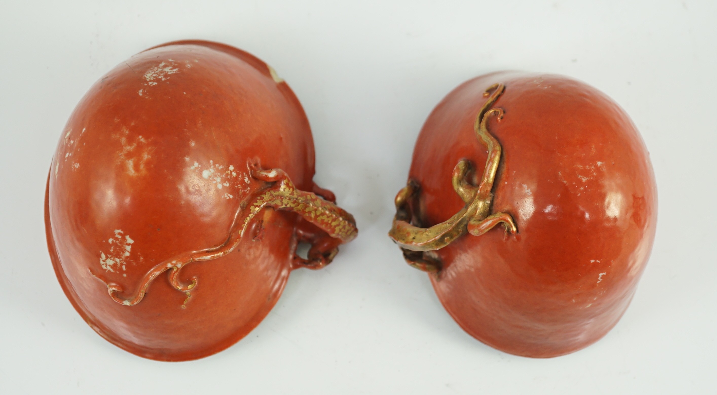 Two similar Chinese coral ground libation cups, late 18th/early 19th century, each of oval - Image 7 of 10