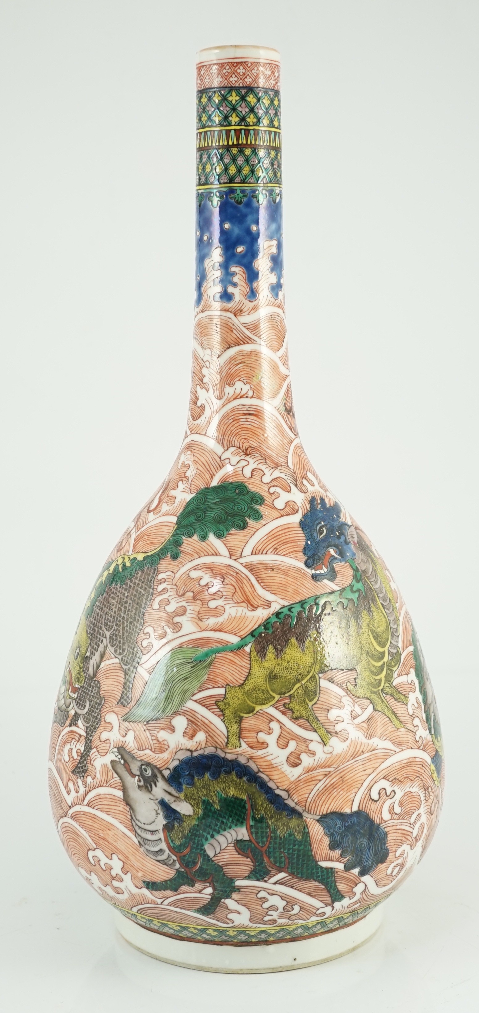 A Chinese famille verte ‘mythical creatures’ bottle vase, 19th century, painted in colours with - Image 2 of 7