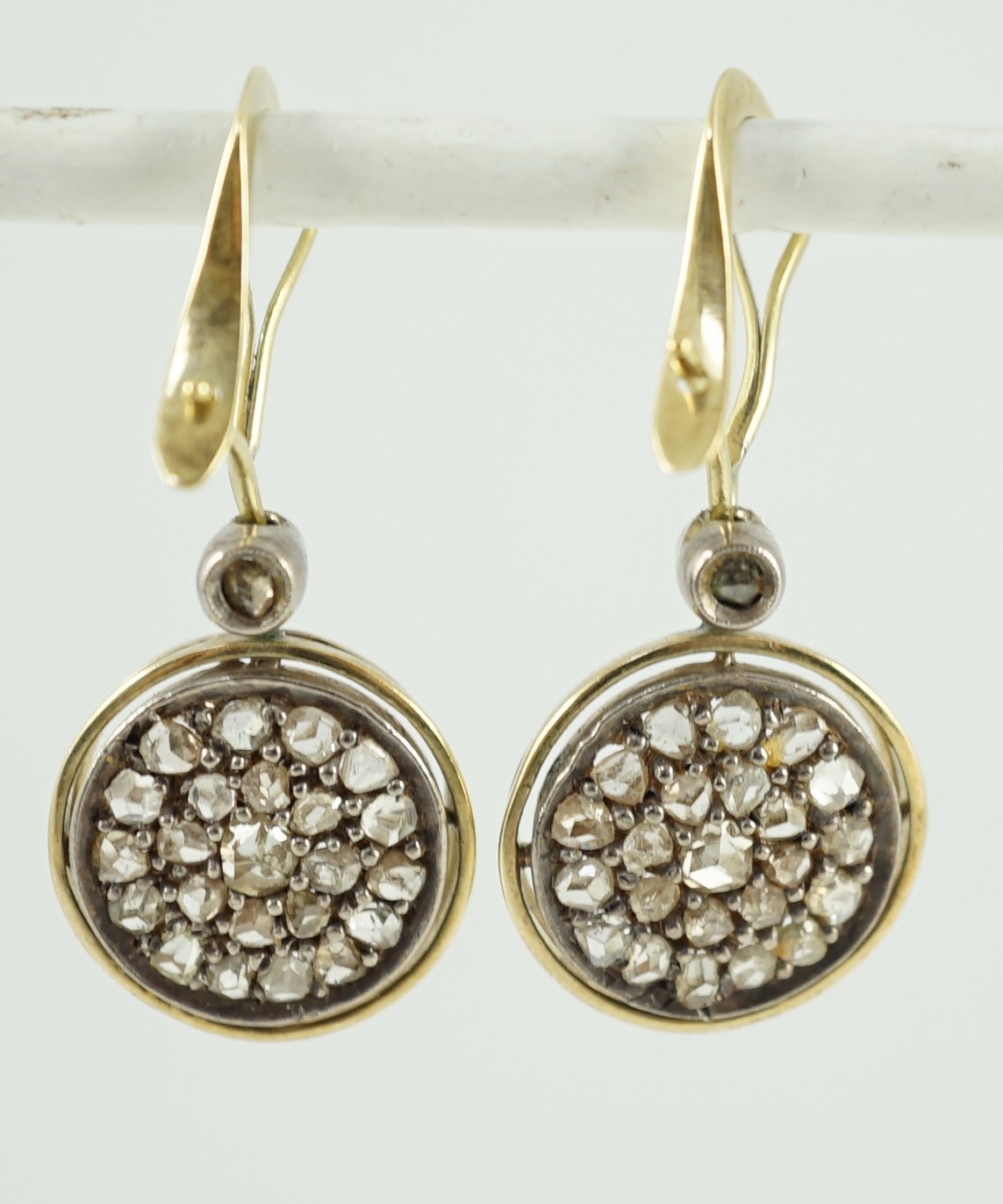 A pair of gold and rose cut diamond cluster set target drop earrings, overall 34mm, diameter 14mm, - Image 2 of 3