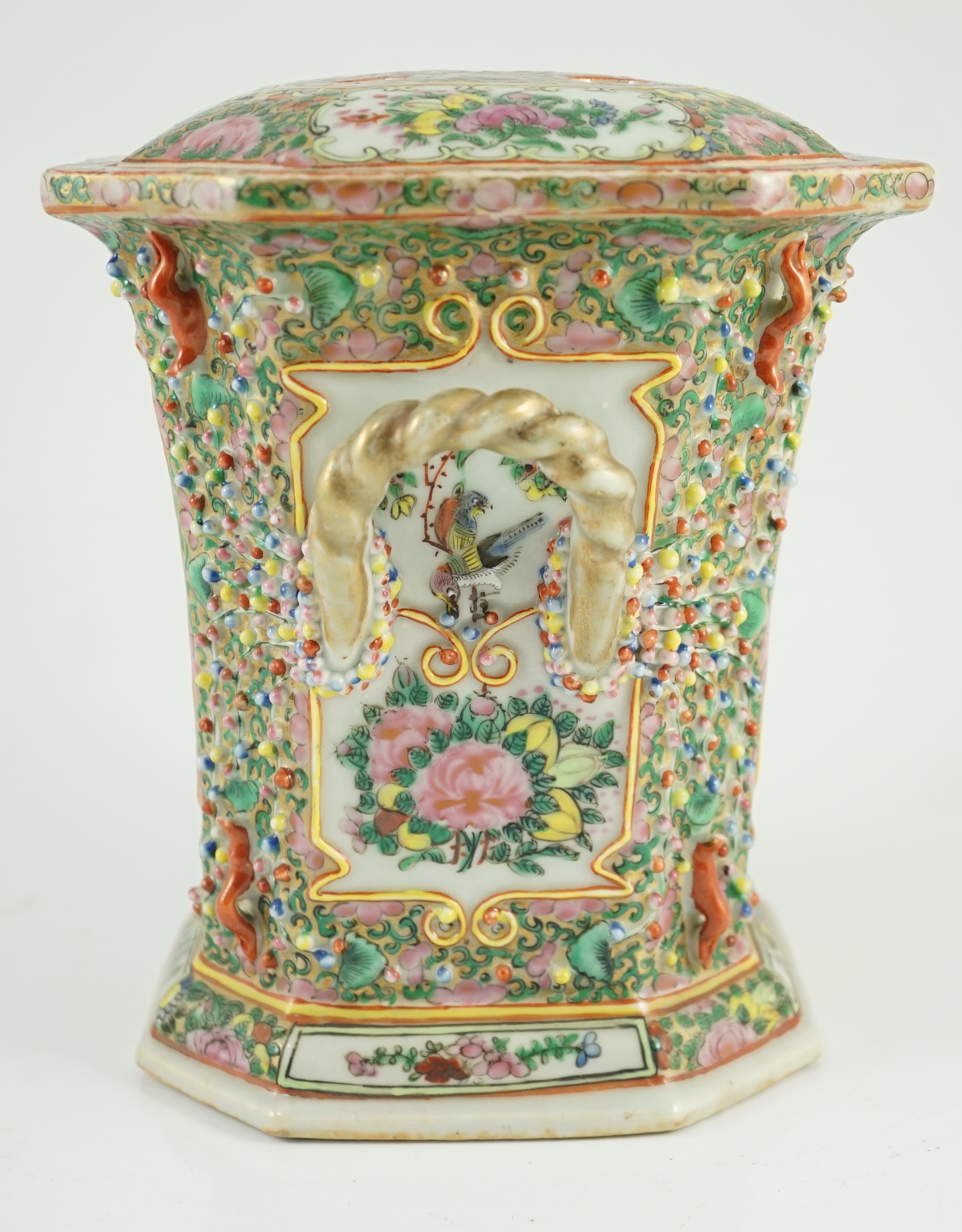 A Chinese Canton (Guangzhou) famille rose decorated bough pot and cover, c.1830, painted with - Image 3 of 9