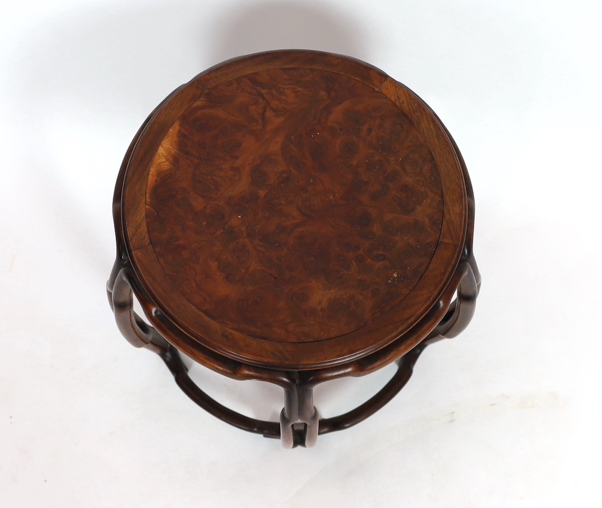 A Chinese hongmu and burr wood small stool, 19th century, the circular the inset top above a pierced - Image 2 of 4