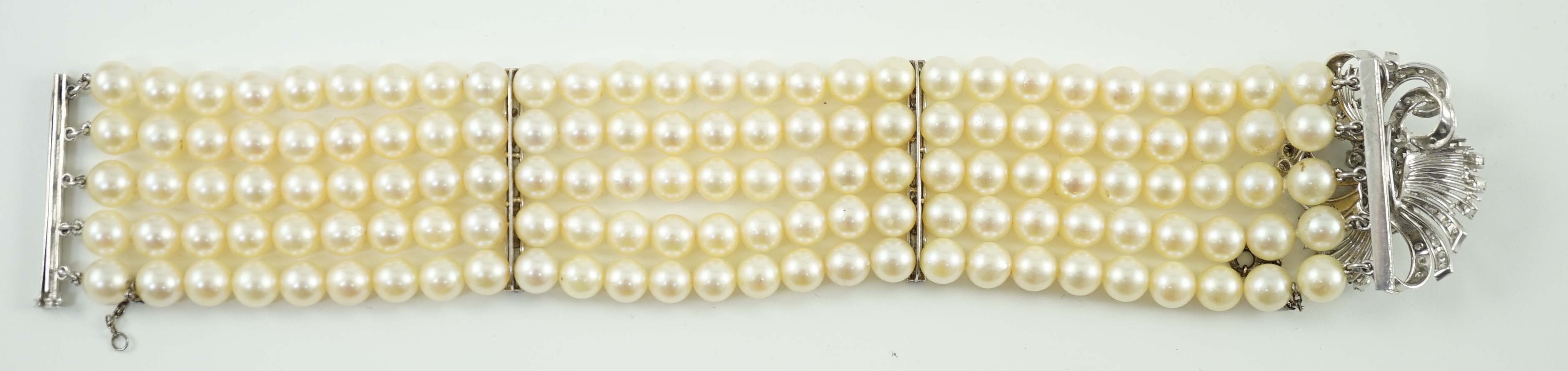 A mid to late 20th century continental quintuple strand cultured pearl bracelet, with white gold and - Image 6 of 7