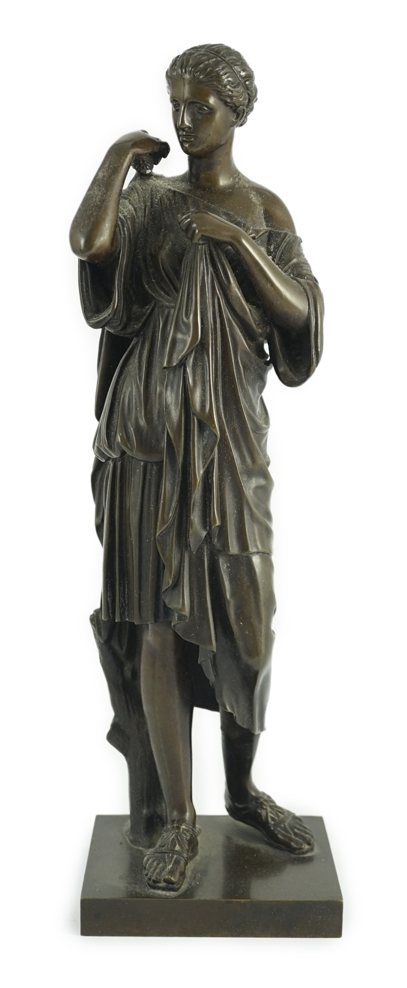 After the antique, a French Reduction Sauvage bronze figure of 'Diana de Gabies', on square