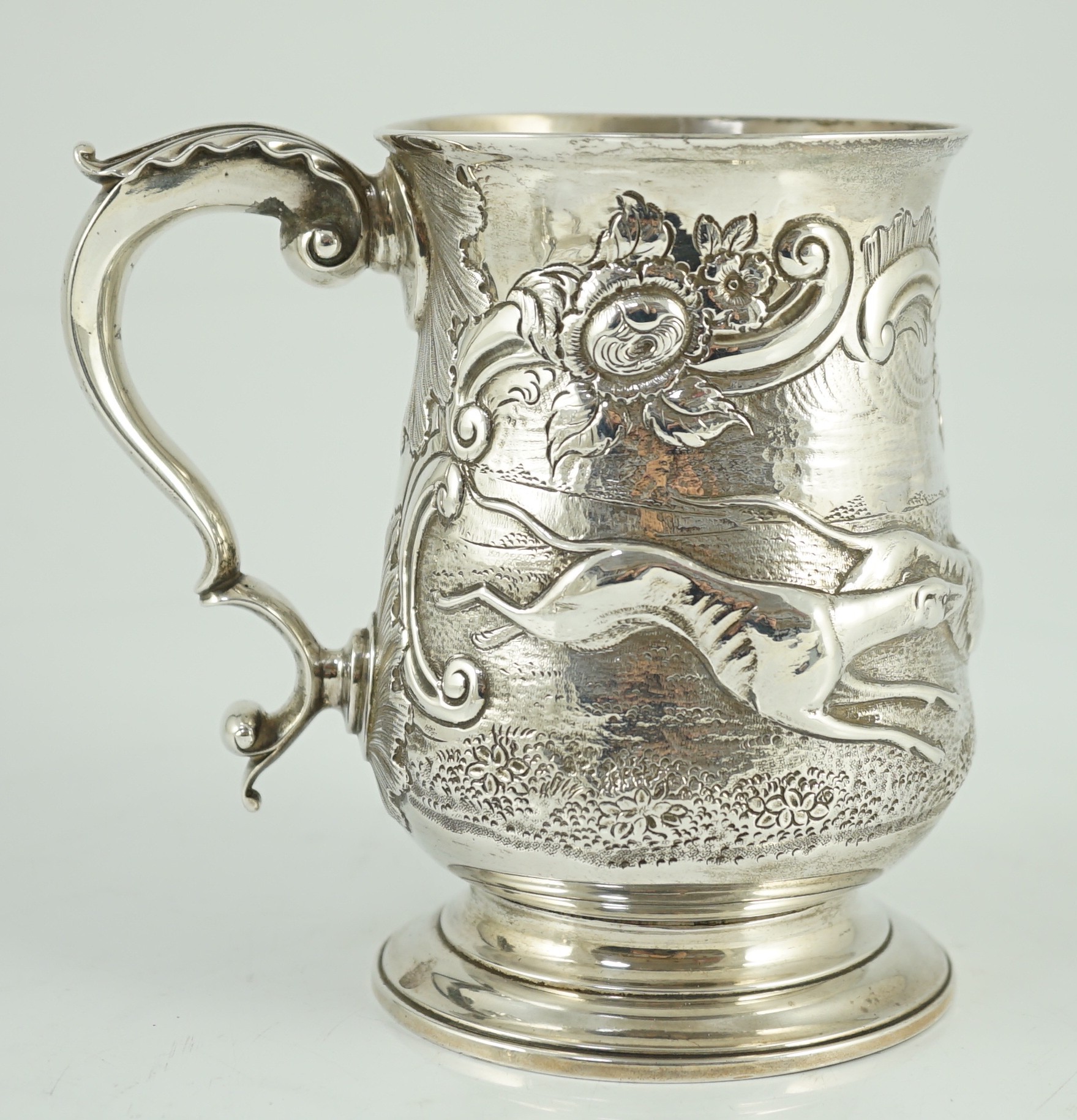 A George III silver baluster mug, later embossed with continuous hare coursing scene, John Scofield, - Image 4 of 7