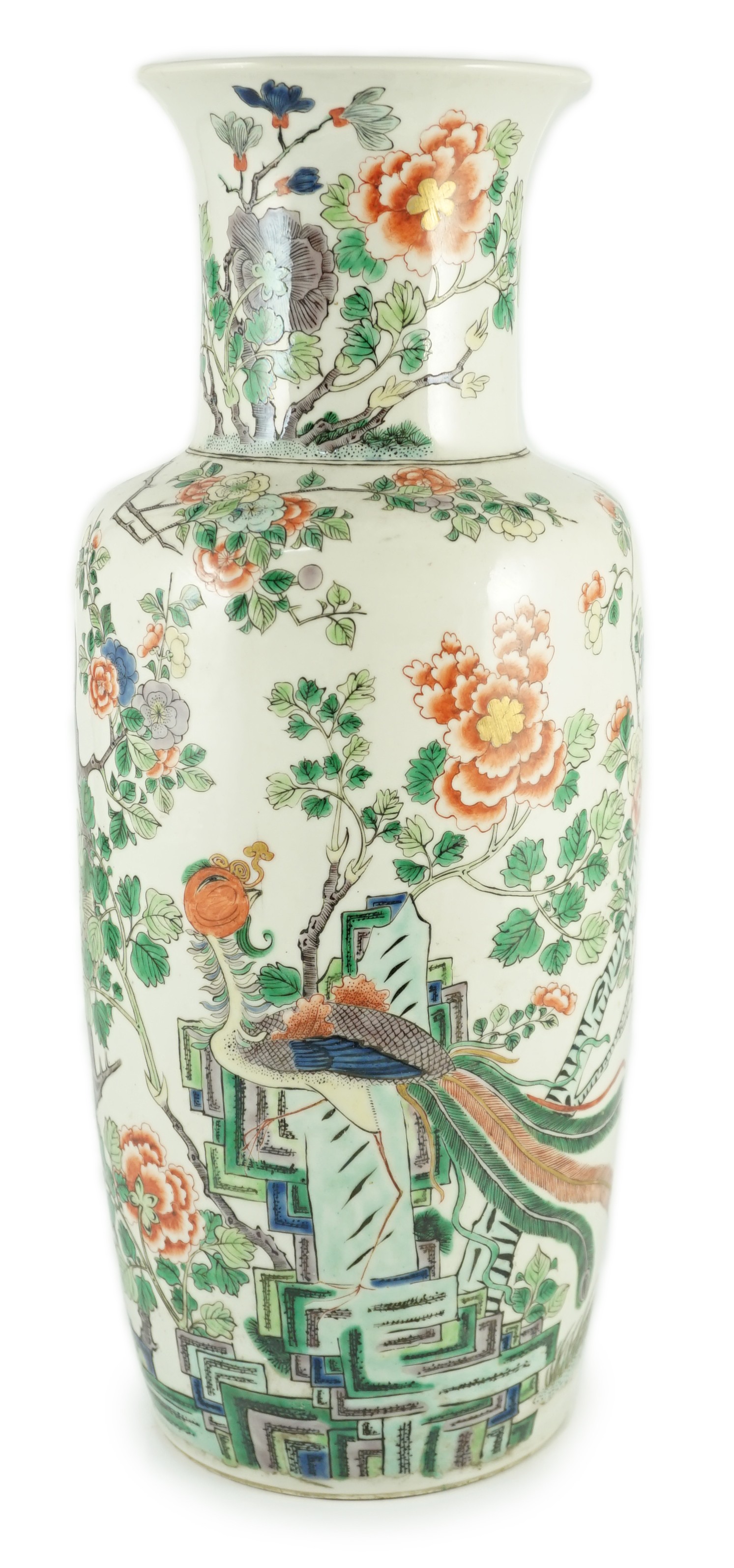 A Chinese famille verte vase baluster vase, late 19th century, painted with a phoenix amid rockwork,