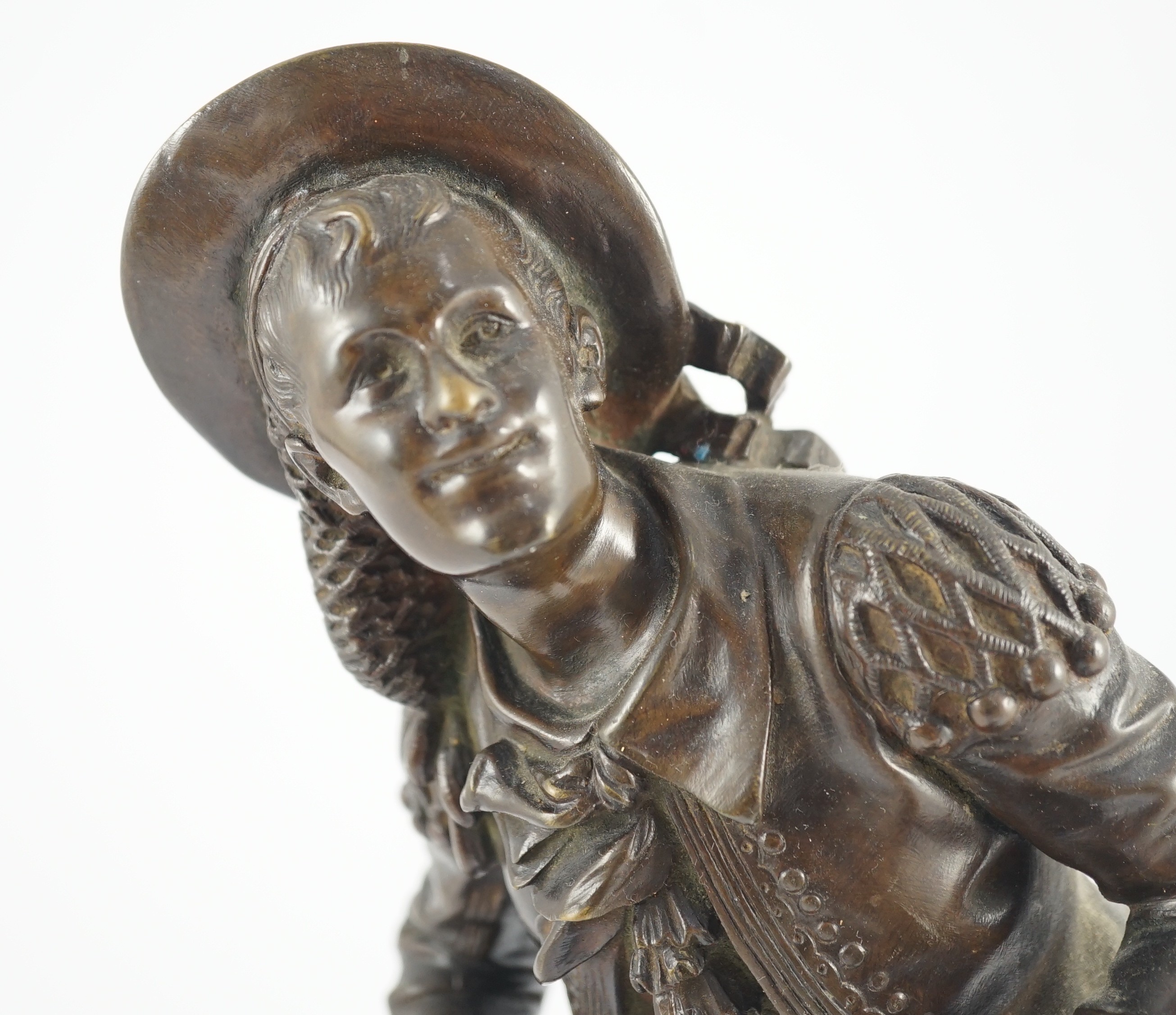 Eutrope Bouret (French, 1833-1906). A bronze figure of 'Figaro', standing playing a mandolin, signed - Image 2 of 9