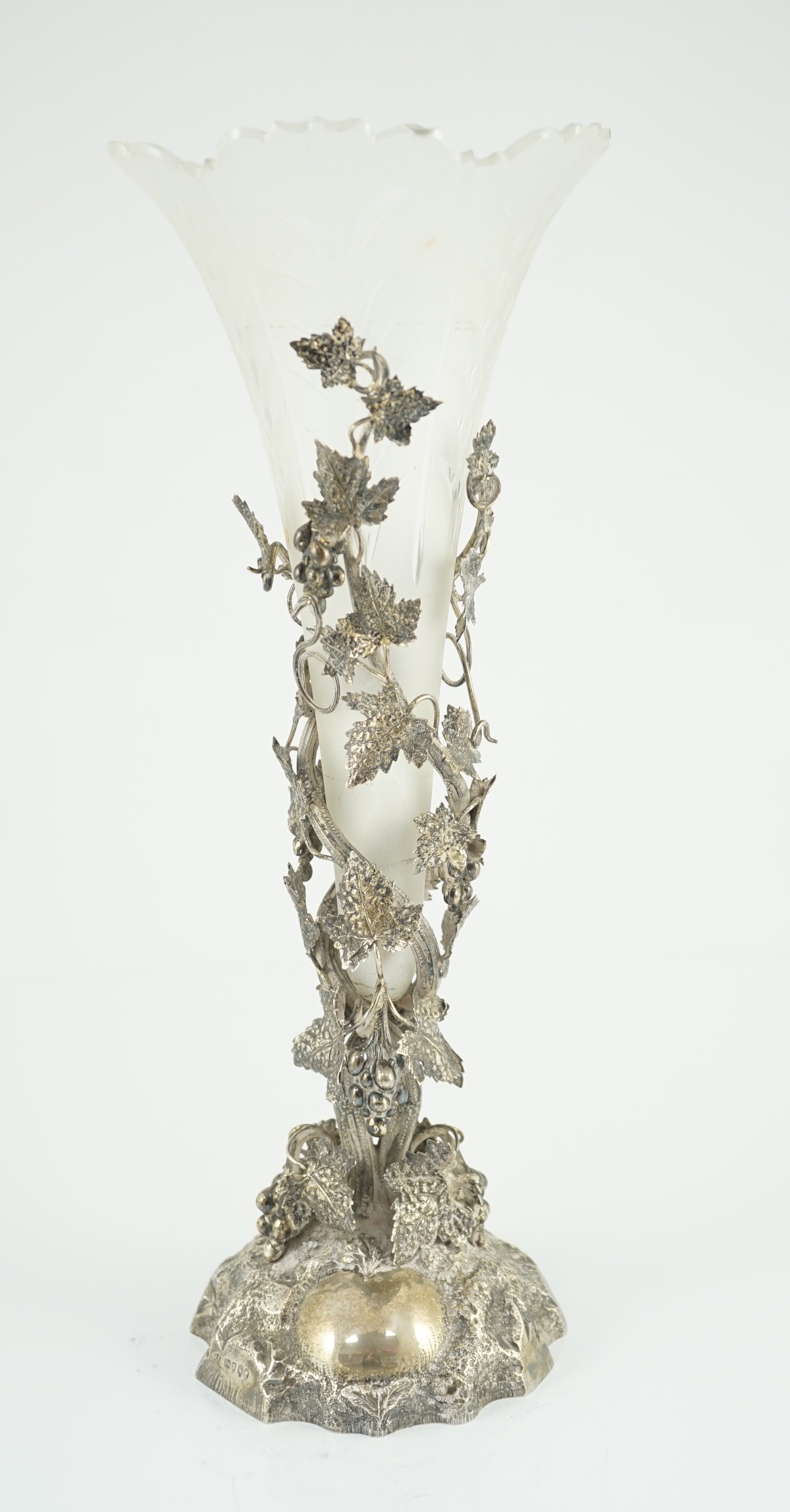 A late Victorian silver centrepiece, with frosted glass trumpet shaped insert, by Cornelius Joshua - Image 2 of 3