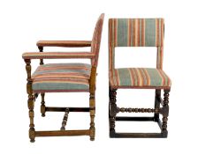 A matched set of twelve 17th century and later dining chairs, the rectangular backs and seats