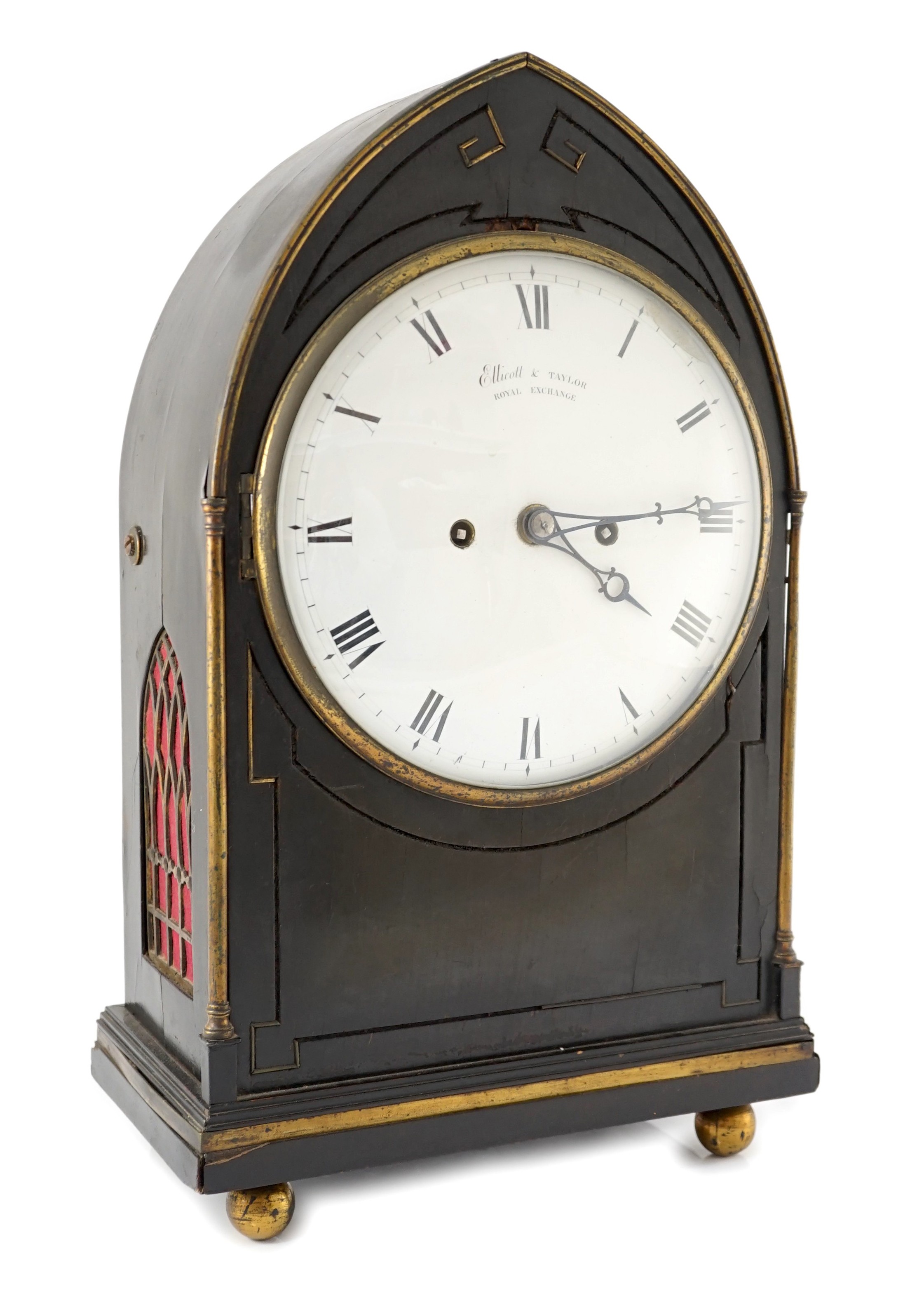Ellicott & Taylor, Royal Exchange. A Regency lancet shaped ebonised bracket clock, with enamelled