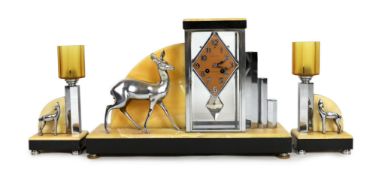 A French Art Deco chrome and marble clock garniture, by H. Loiseau of Chateauroux, the central clock