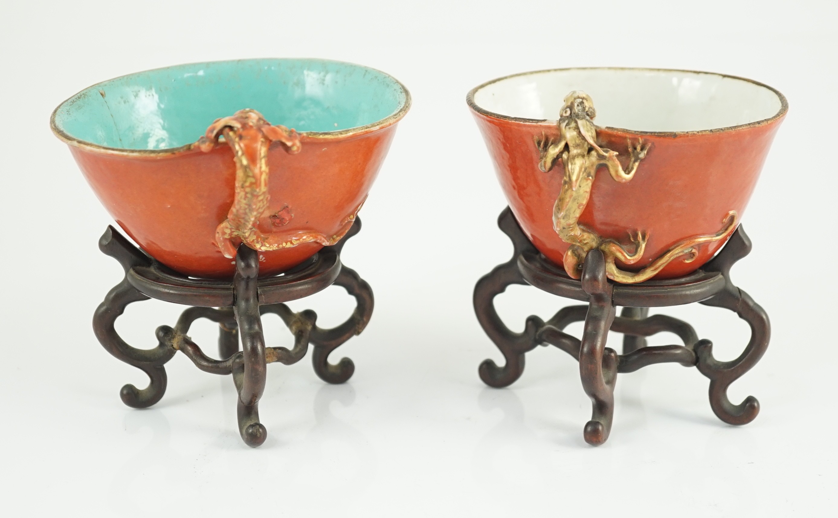 Two similar Chinese coral ground libation cups, late 18th/early 19th century, each of oval - Image 2 of 10