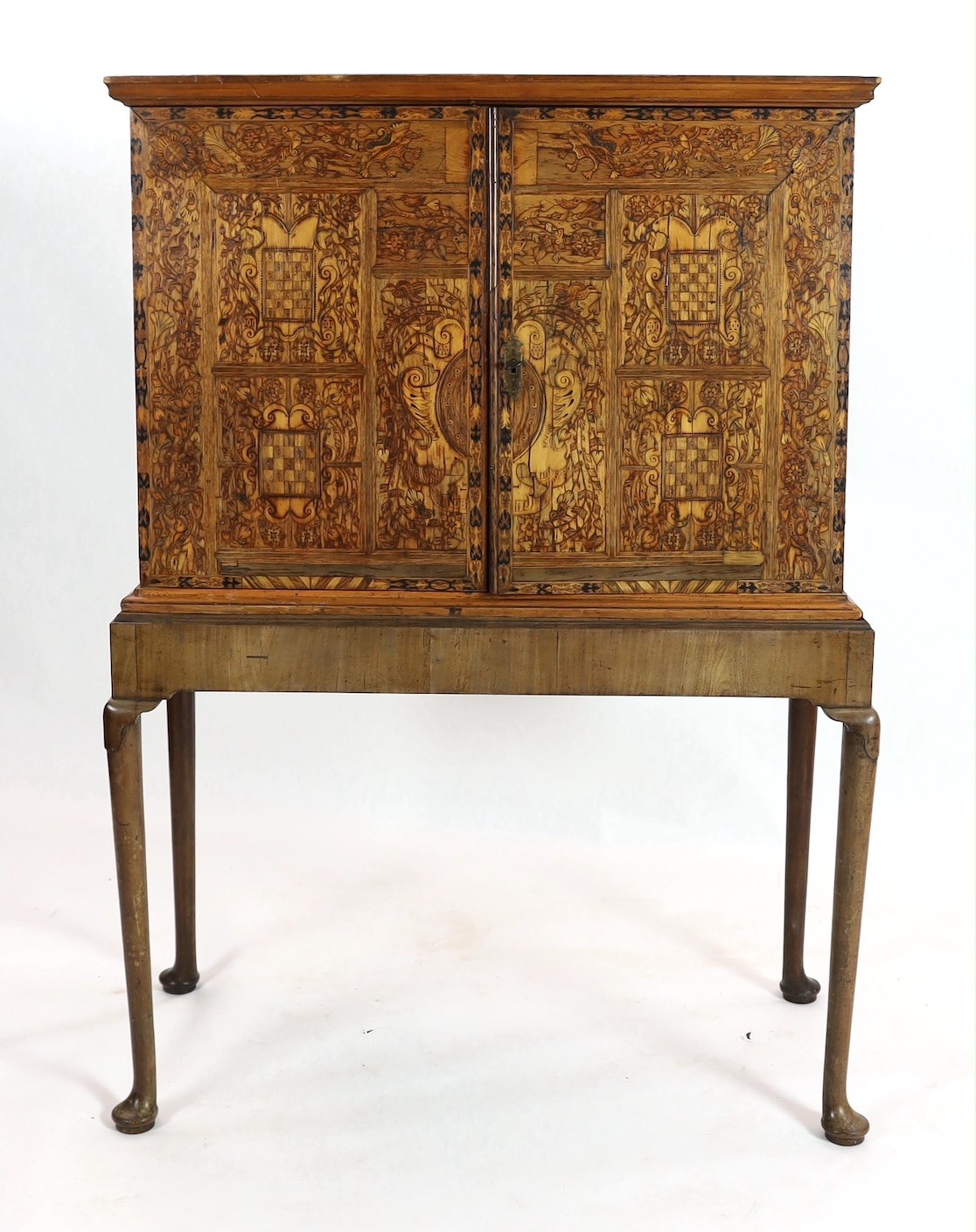 A 17th century and later South German walnut and marquetry cabinet on later stand, with moulded - Image 2 of 4