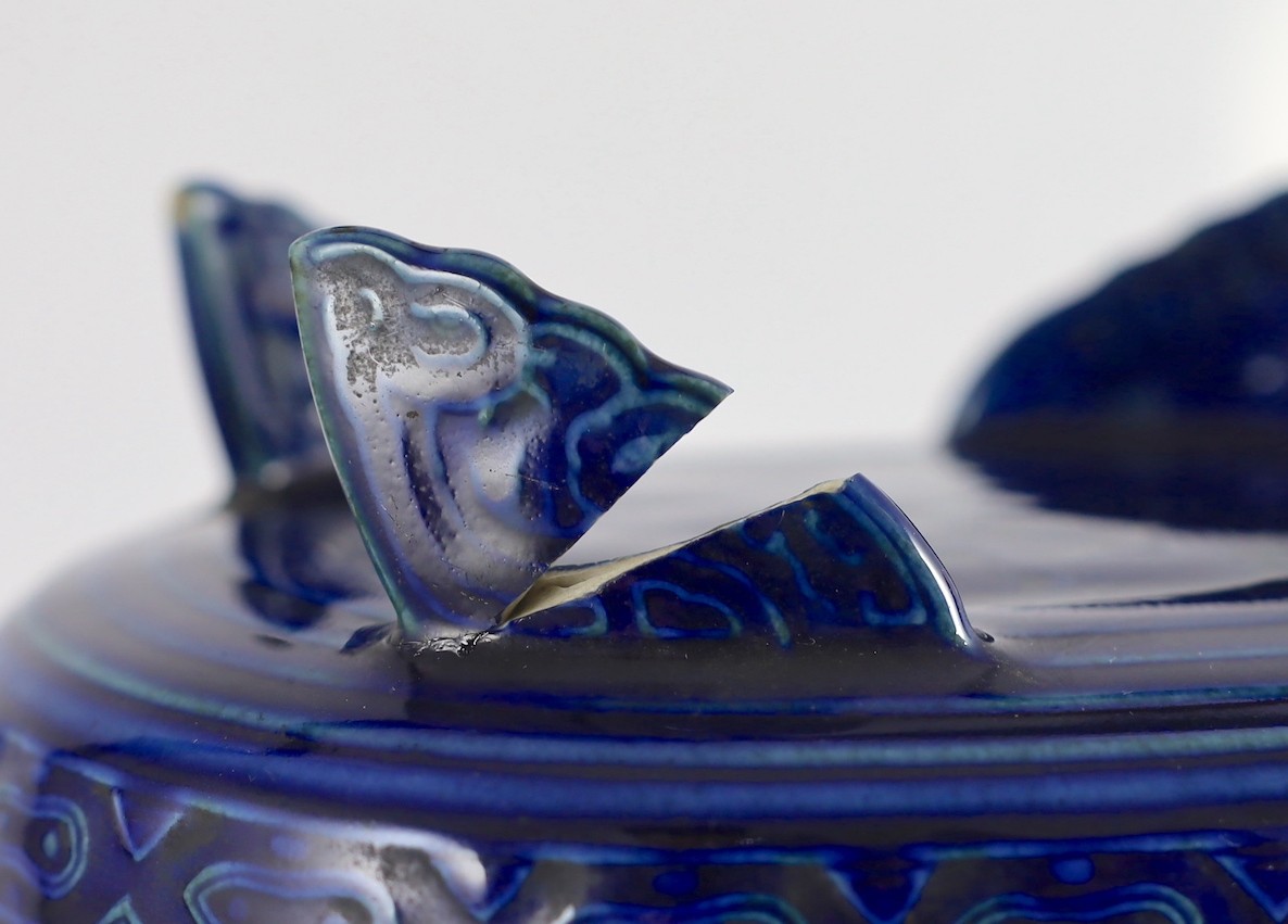 A Chinese Imperial blue glazed ritual offering vessel and cover, gui, moulded Qianlong seal mark and - Image 3 of 7