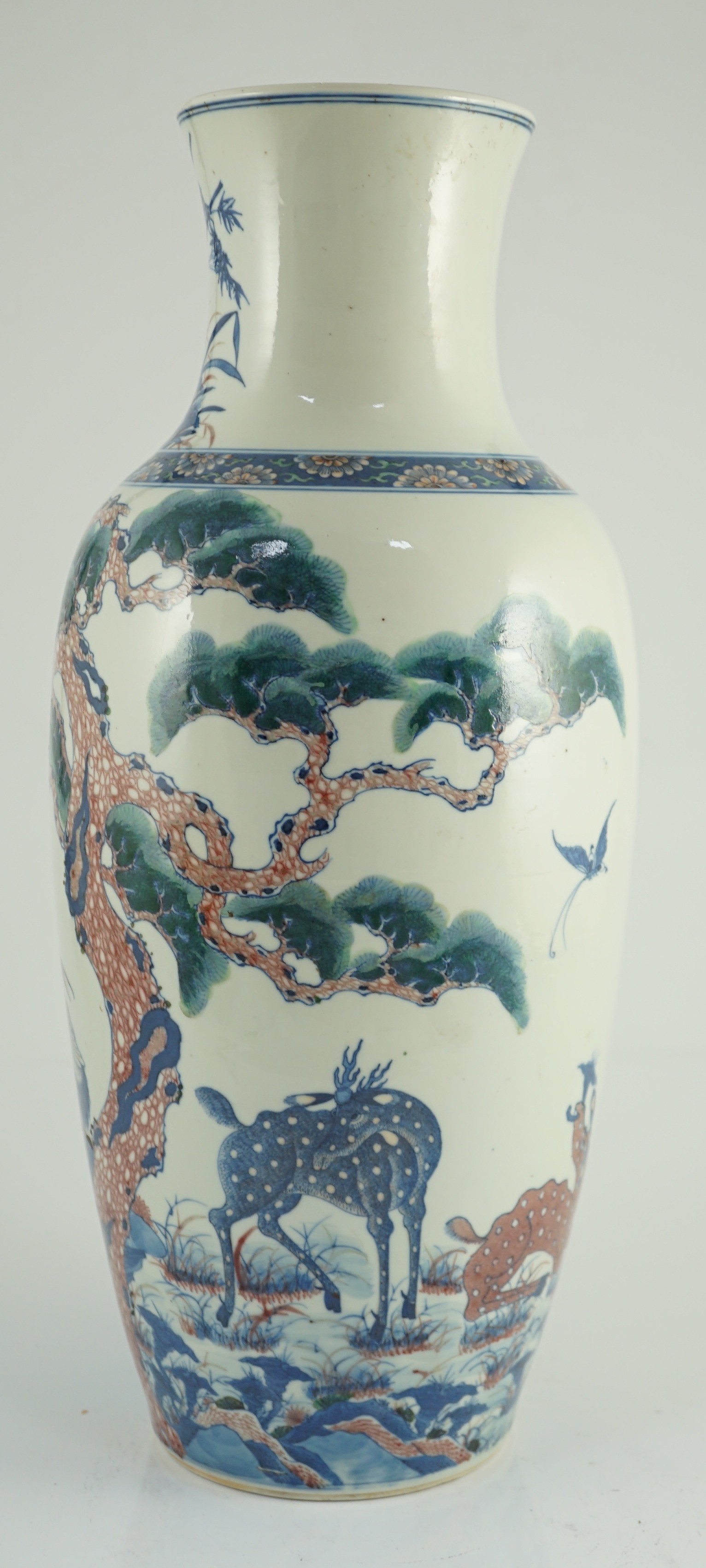An unusual Chinese green enamelled underglaze blue and copper red tall vase, 19th century, finely - Image 2 of 6