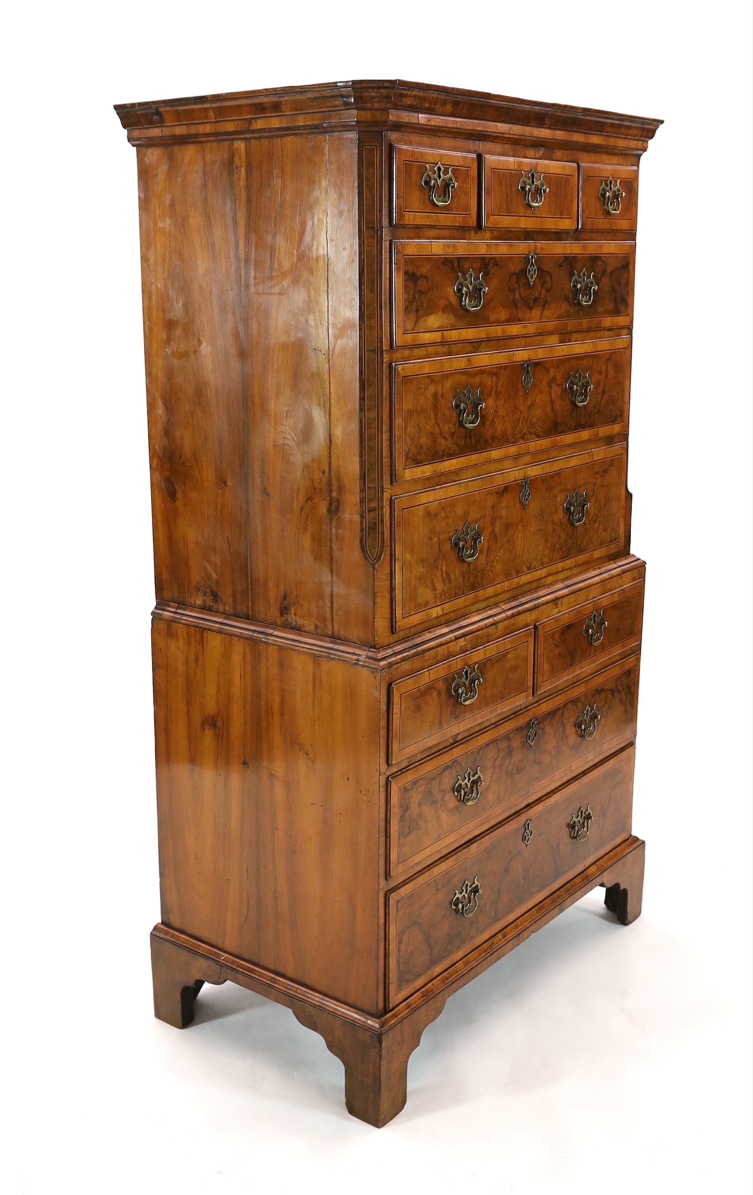 A George I inlaid walnut chest on chest, with moulded cornice, three short and three graduated - Image 3 of 3