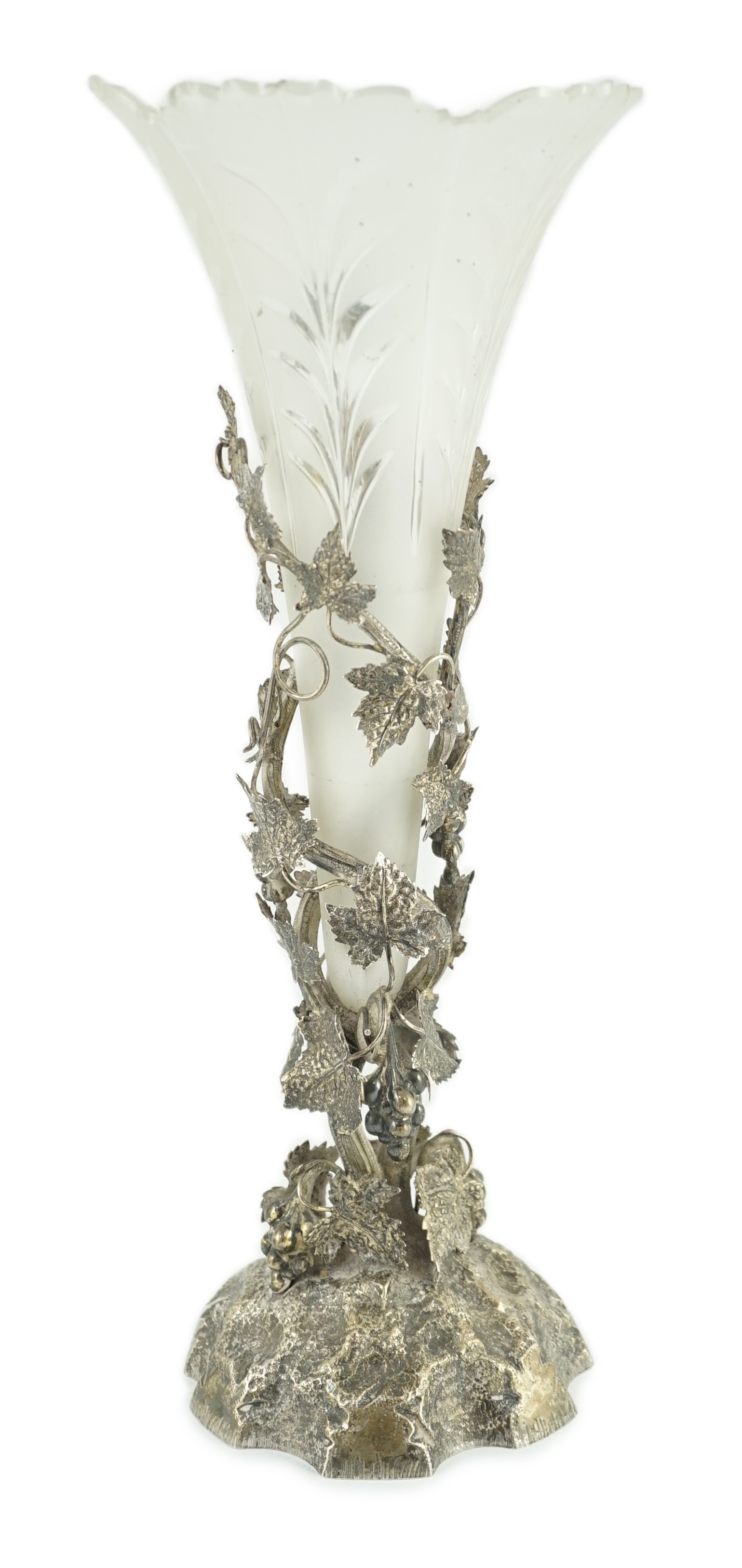 A late Victorian silver centrepiece, with frosted glass trumpet shaped insert, by Cornelius Joshua