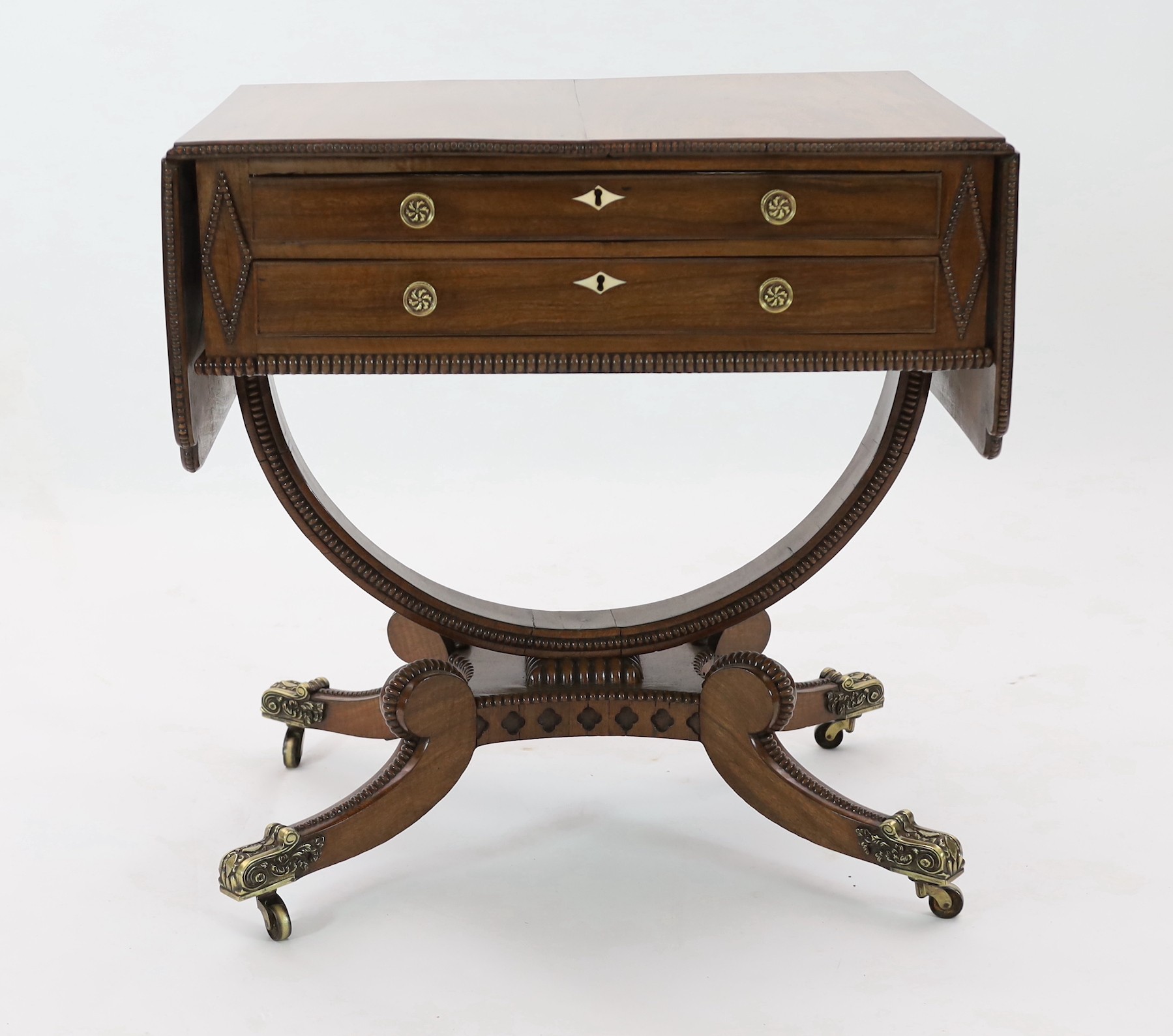 Y Y A Regency mahogany drop leaf work table, with beaded rectangular top, scroll carved folding - Image 2 of 5