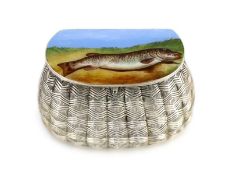 A Victorian novelty silver and enamel vesta case, modelled as a fishing creel, by George Wilkinson?,
