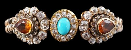 An Edwardian 15ct gold, citrine, turquoise and diamond set triple cluster set curblink bracelet, the