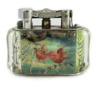 A Dunhill Aquarium table lighter, with chromed metal mount, decorated with a Siamese fighting fish