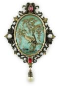 A Victorian oval gold, silver and cloisonné enamelled locket pendant, worked with a heron beneath