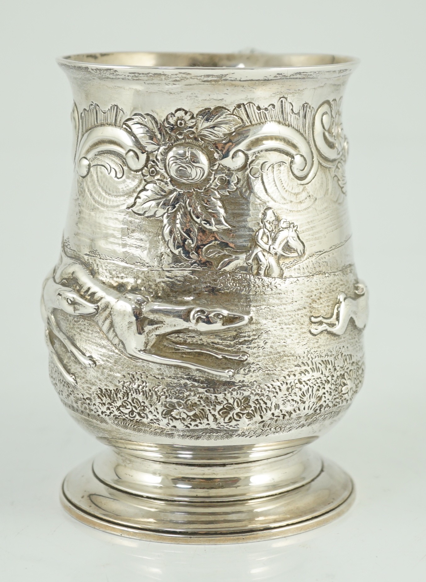 A George III silver baluster mug, later embossed with continuous hare coursing scene, John Scofield, - Image 2 of 7