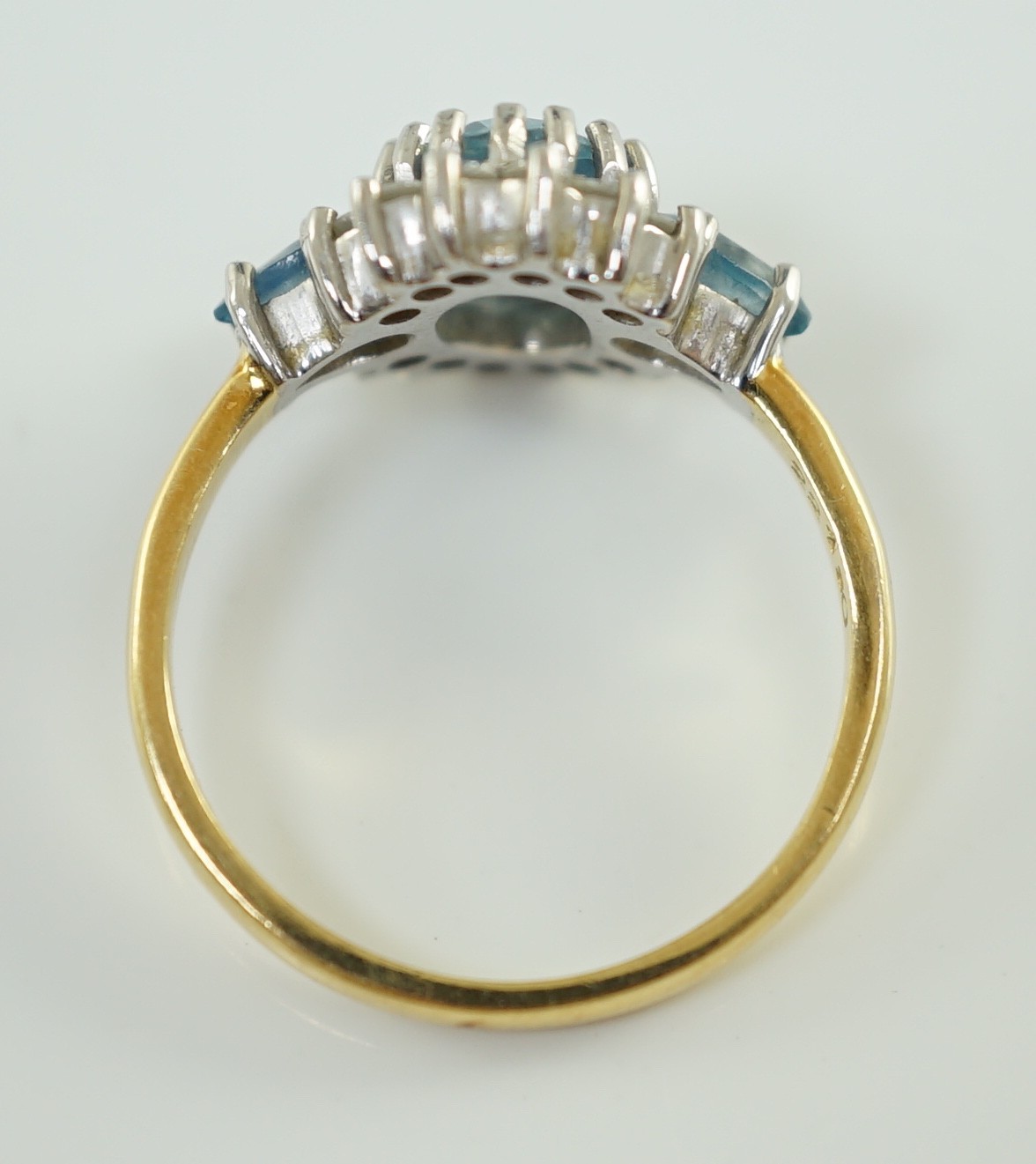 A 1970's 18ct gold, aquamarine and diamond set oval cluster ring, by Cropp & Farr, set with three - Image 4 of 6