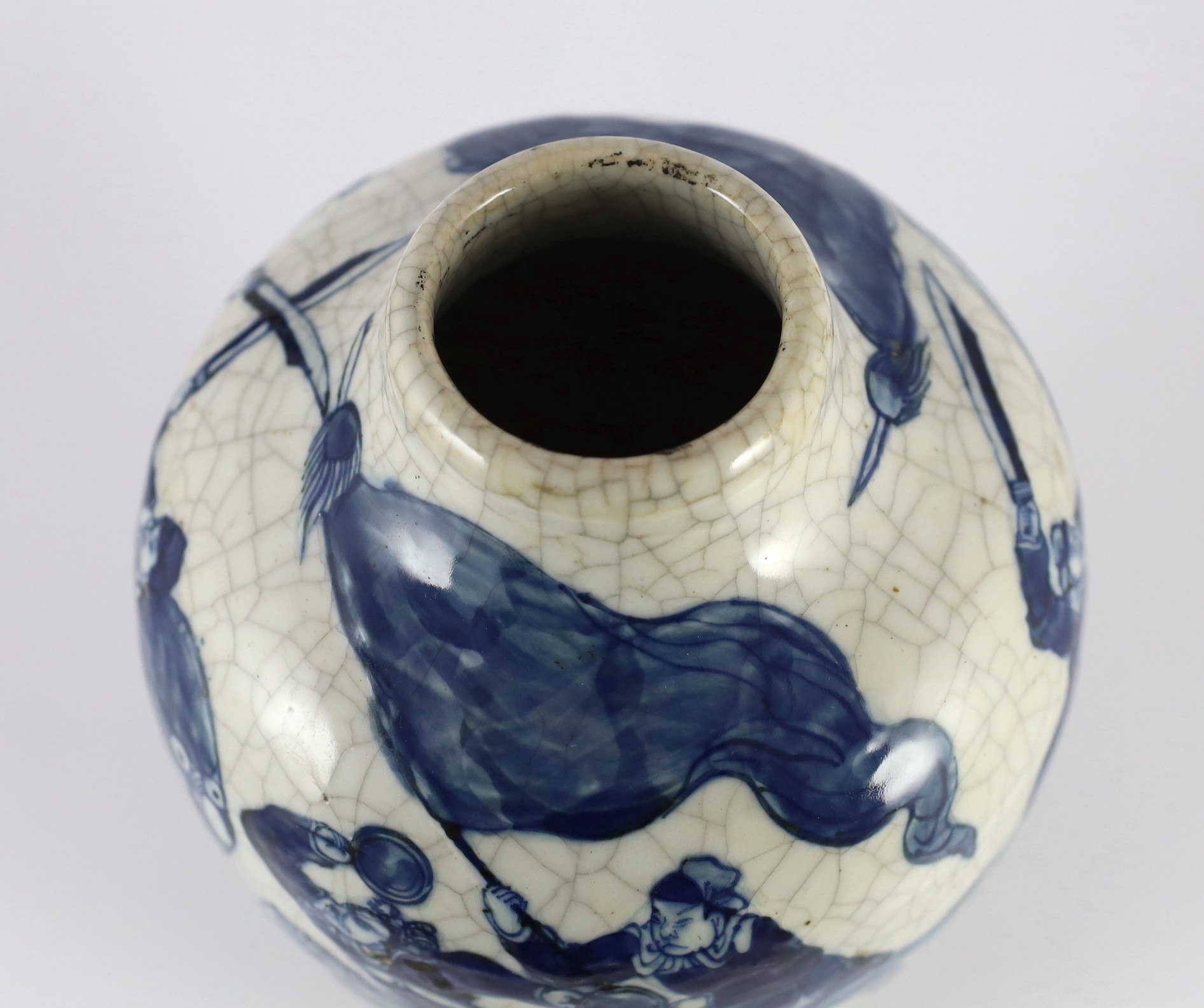 A Chinese blue and white crackle glaze ‘warriors’ vase, late 19th century, moulded and painted - Image 4 of 5